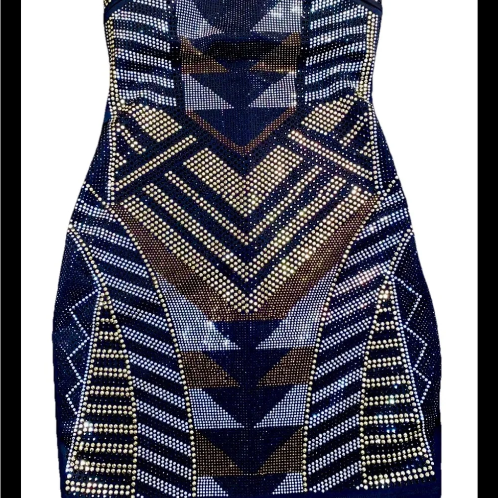 Crystal Doll Strapless Dress -Black, Silver and Gold Studded/ Geometric Size S - Picture 7 of 7